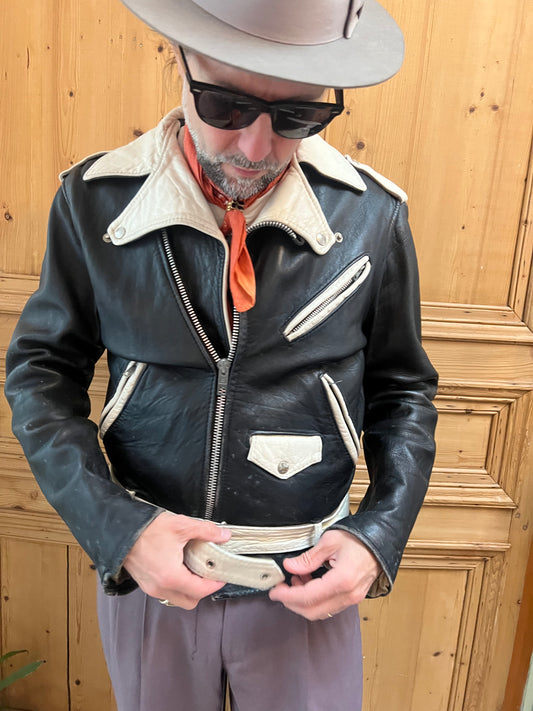 Blouson cuir vintage unisexe noir et blanc style perfecto