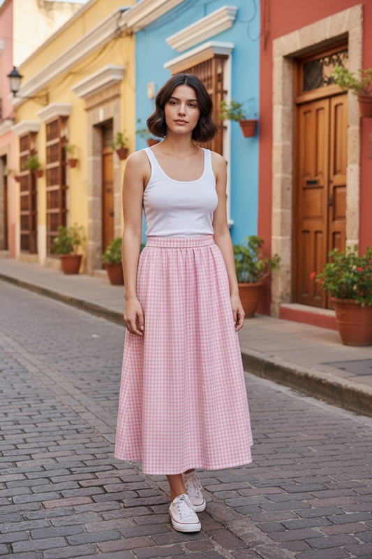 Jupe plissée vichy rose
